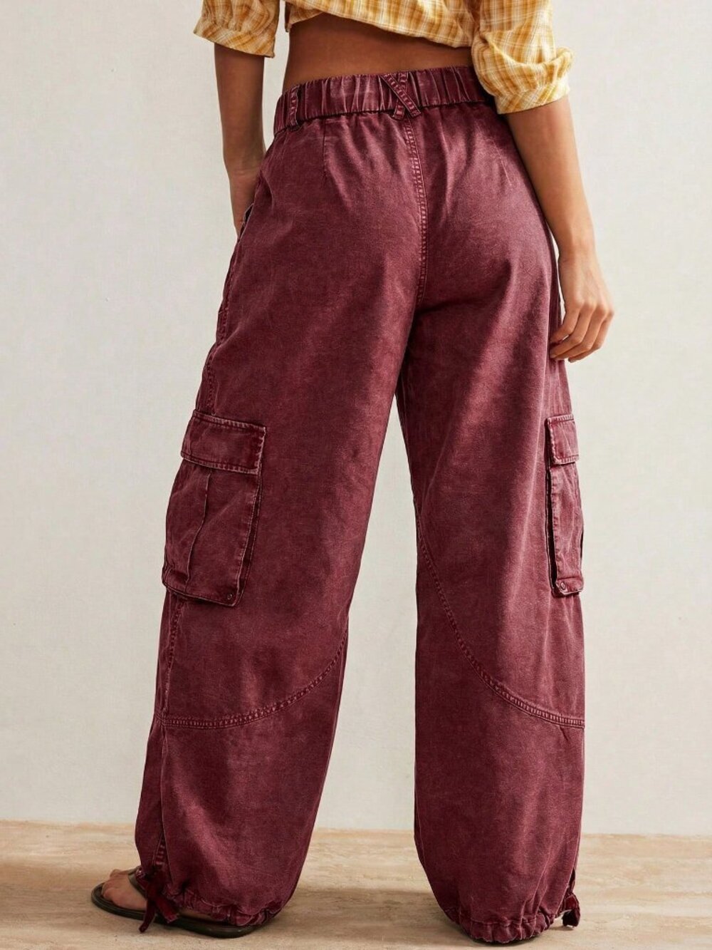 Burgundy Casual Women's Woven Loose Drawstring Waist Low-Rise Wide Leg Pants - Picture 2 of 10